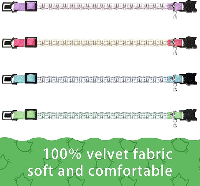 Weewooday 4 Pieces Rhinestones Cat Collars Breakaway Cat Collar with Bell Bling Pet Accessories with Soft Velvet, 4 Colors(XS,Light Green, Light Blue, Light Purple, Rose Red)
