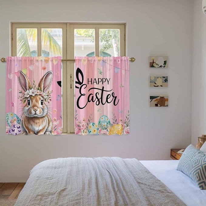 Easter Kitchen Curtains, Spring Rabbit Eggs Flowers Flags Leaves Wood Grain