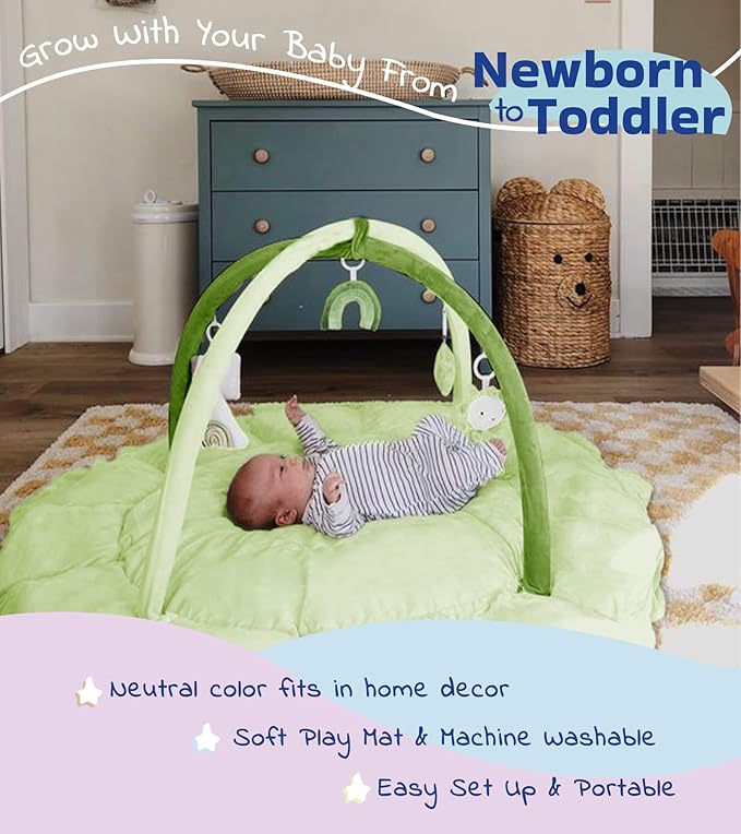 HAN-MM 5-in-1 Convertible Baby Play Gym with 6 Toys, Tummy Time Mat for Sensory Development, Baby Activity Center from Newborn to Toddler, Ball Pit, Soft Plush Pet Mat, Green