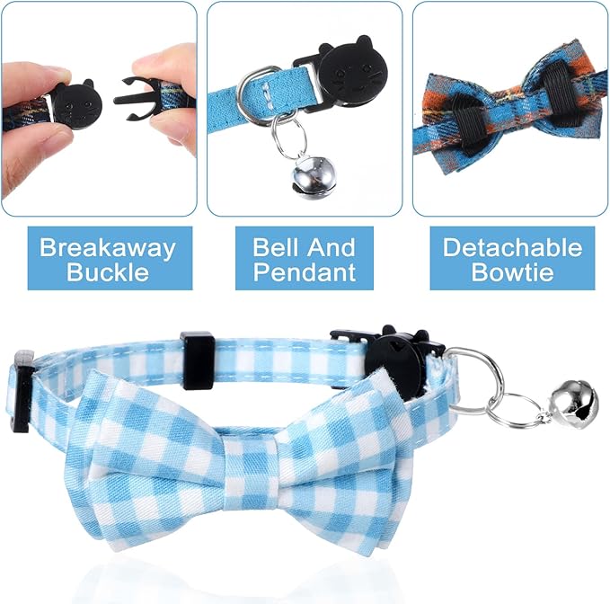 3pcs Bow Tie Cat Collar with Bells, Breakaway Bowtie Plaid Cat Collar, Soft Adjustable Bow Cats Collars for Kitten Puppy and Small Pets