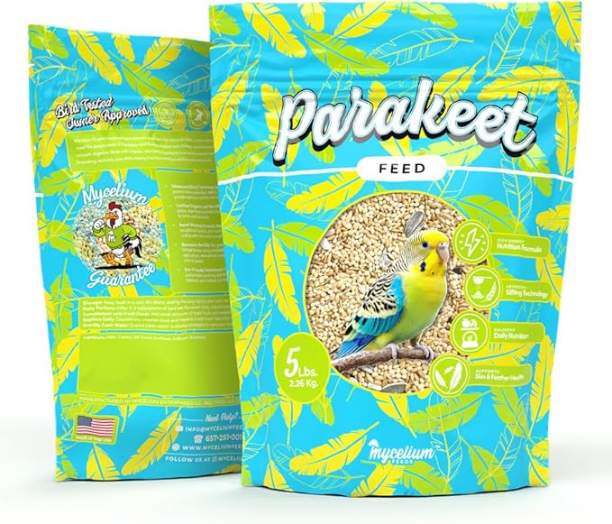 Mycelium Parakeet Feed (5 LB Bag) | Organic Bird Food for Parakeets, Budgies & Small Pet Birds | Supports Skin & Feather Health | Complete, Nutritious Diet | Dust-Free, Non-GMO, Made in USA