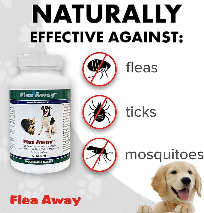 Flea Away All Natural Supplement for Fleas, Ticks, and Mosquitos Prevention for Dogs and Cats, 100 Chewable Treat Tablets, Single (Pack of 2)