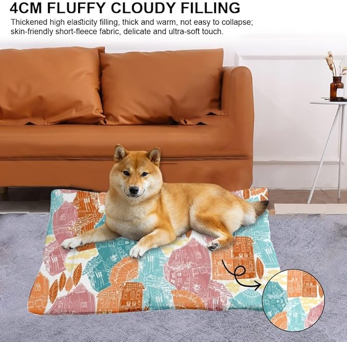 Coloful Village Scene Modern Dog Bed Furniture Dog Crate Mat Pet Pad Pads for Crates Washable Non-Slip Crate Bed Easy Clean Mats for Dogs Pillow Indoor Outdoor 24X18 Inch