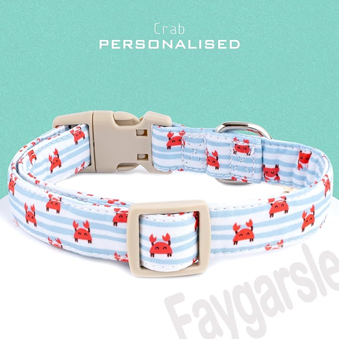 Faygarsle Cute Crab Pattern Dog Collar, Cotton Fabric, Light Blue Stripes, for Small Medium Large Dogs XS