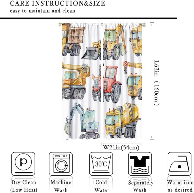 Kids Excavator Curtains, Retro Truck Tractor Machinery Construction Vehicle