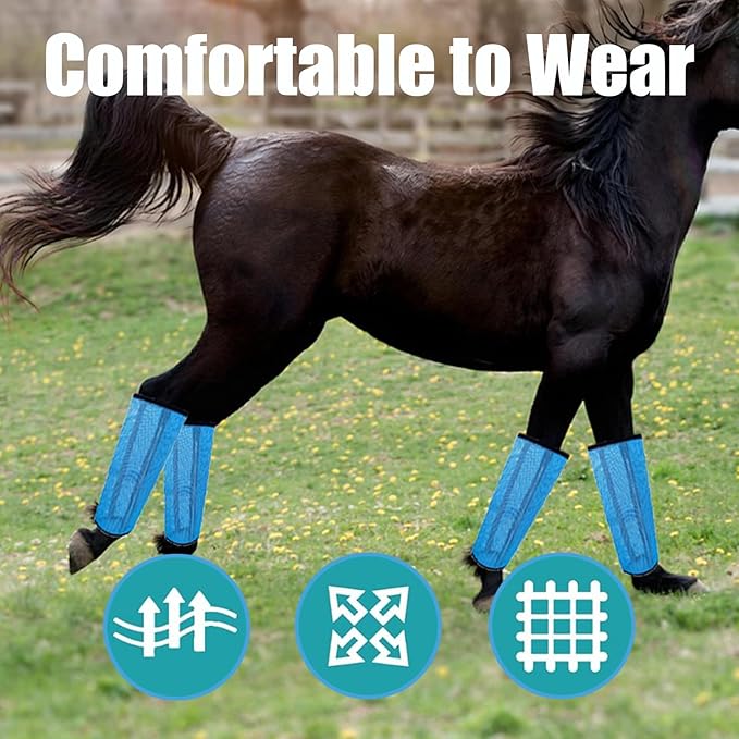 Mesh Horse Fly Boots Set of 4, Breathable Loose Fitting Leggings for Horses, Reduces Stomping & Fatigue, Leg Fly Protection (Blue)