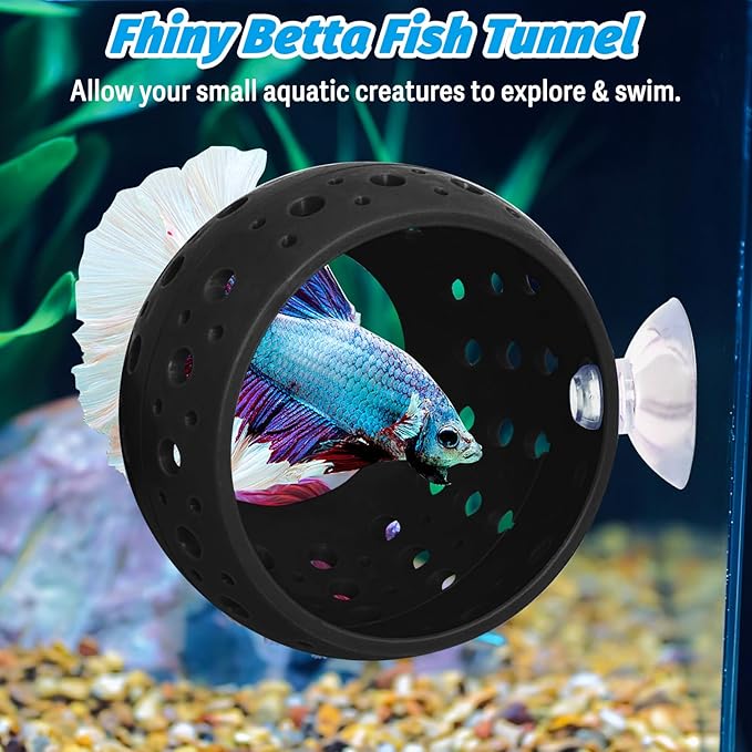 Fhiny Betta Tunnel, Aquarium Fish Hideout with Suction Cup - Shrimp Cave Aquarium Decor for Small Fish, Shrimp, Guppy Hiding & Resting (Black)