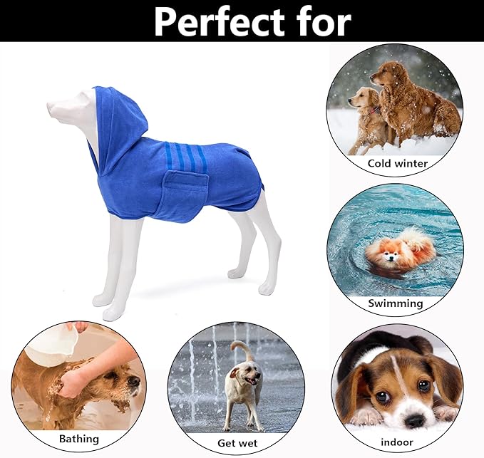 Geyecete Dog Drying Coats with Hood - Absorbent Robe Dry Fast Dog Towel - Microfibre Fast Drying Super Absorbent - Blue - L