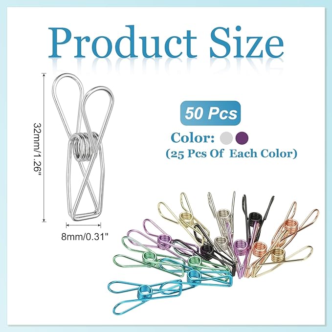 PATIKIL 50Pcs Paper Office Binder Clips, 1.26" Small Metal Wire Hollow Out Paper Clamps Long Tail Binder Clips for Photo Clothes Hanging Office Home Kitchen Food Package, Silver/Purple