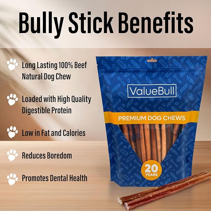 ValueBull Bully Sticks for Small Dogs, Thin 12 Inch, 100 Count - All Natural Dog Treats, 100% Beef Pizzles, Single Ingredient