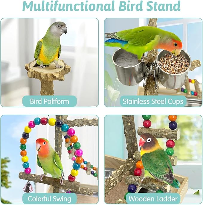 PINVNBY Bird Playground Natural Wood Bird Play Stand with Climb Ladder Swing Tray and Stainless Steel Cups Cage Accessories for Conure Cockatiel Parakeet Lovebird
