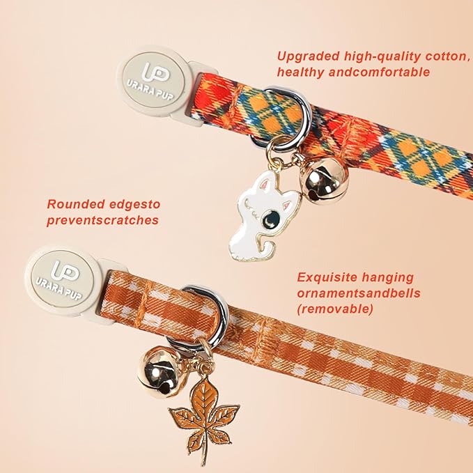 Cat Collar-2Pack Autumn Orange Plaid Kitten Collars-Halloween Plaid Breakaway Kitty Collars-Cute Kitty Pendants,Yellow Orange Grid Cat Collar with Bell, for Girl & Boy Cats