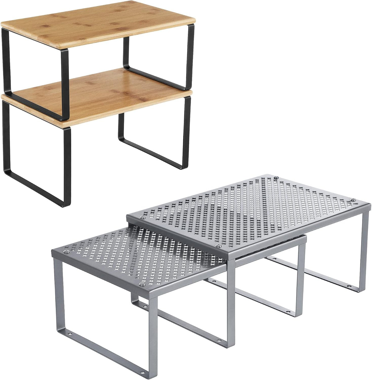 SONGMICS Bamboo Shelf Organizers and Metal Shelf Organizers Bundle, Stackable, Expandable Kitchen Shelves, Black and Natural and Silver UKCS02NB and UKCS01SV