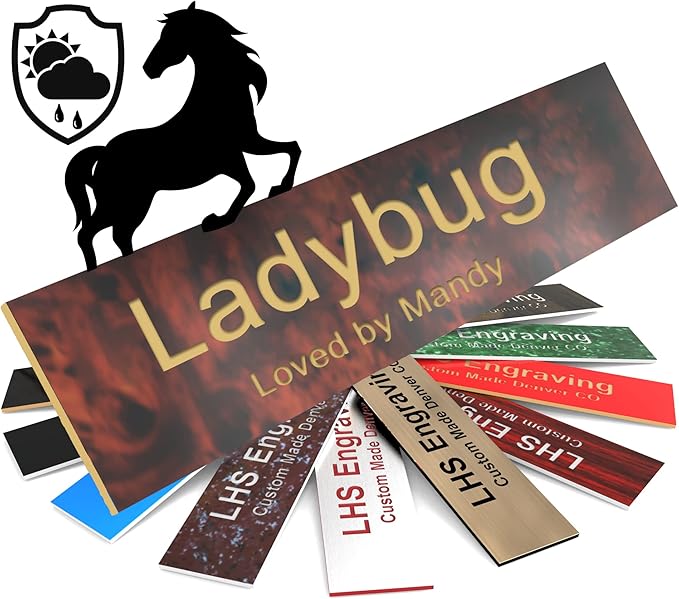 Horse Stall Name Plate, 2x10 Personalized Stall Signs, UV Protected, All Weather Adhesive, Hanging, Mounting or Other, Burlwood Plastic Gold Letters - Made in USA - N2