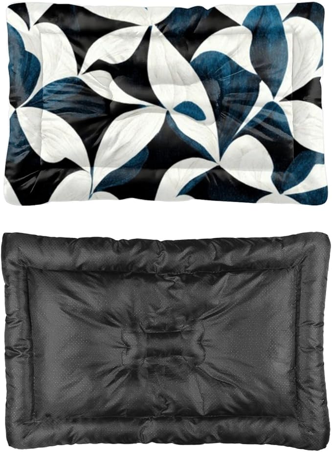 Modern Navy White Graphic Floral Dog Beds Furniture Dog Crate Mat Kennel Pads for Crates Washable Crate Bed Washable Non-Slip Cushion Bed Medium Mat Pet Cushion Indoor Outdoor 24X18 Inch