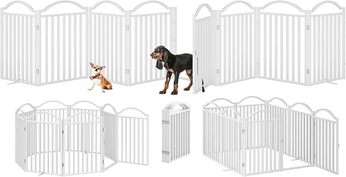 BHG Metal No-Assembly Freestanding Dog Gate with Door Walk Through, Extra Wide 96", Extra Tall 32" Pet Gate, Accordion Puppy Folding Playpen Dog Fence, with 2PCS Support (White, 8 Panels)