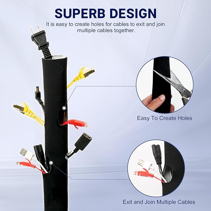 Neoprene Cable Management Sleeve 10ft (120 inch) - 1.5 inch, Velcro Cuttable Cord Organizer, Split Wire Loom Tubing Reversible Cord Protector for TV USB PC Ethernet Cable Hider Protect Pets Kids
