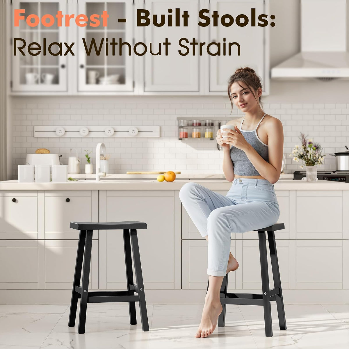 KAMABOKO 4 Set 24" HDPE Bar Stools Set Outdoor, Durable Resin Bar Chairs with Footrest, Weatherproof & Ergonomic Barstools for Patio, Deck & Poolside, Black