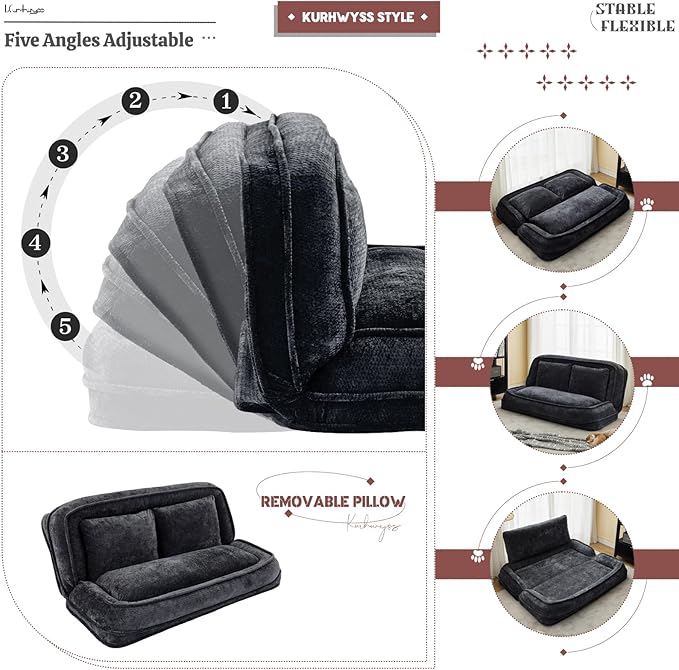 Extra Large Human Dog Bed for Adult & Pets, Convertible Floor Sofa Bed with 5 Adjustable Position, Lazy Couch Giant Bean Bag Lounge Chair Comfy Tatami with 3 Pillows for Bedroom Living Room (Black)