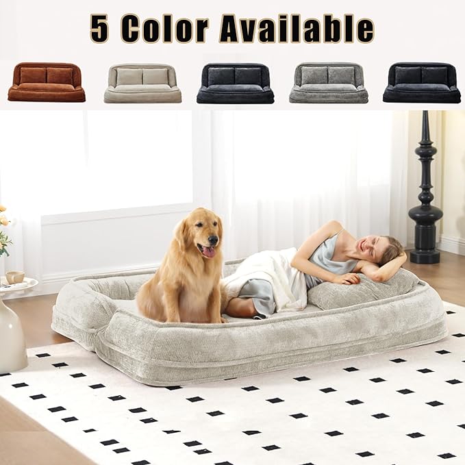 Double Human Dog Bed for Adult and Kids, Comfy Foldable Lazy Floor Loveseat Sofa Bed with 5 Adjustable Position, Upholstered Floor Bean Bag Lounger Chair for Bedroom, Living Room,Office (Beige)