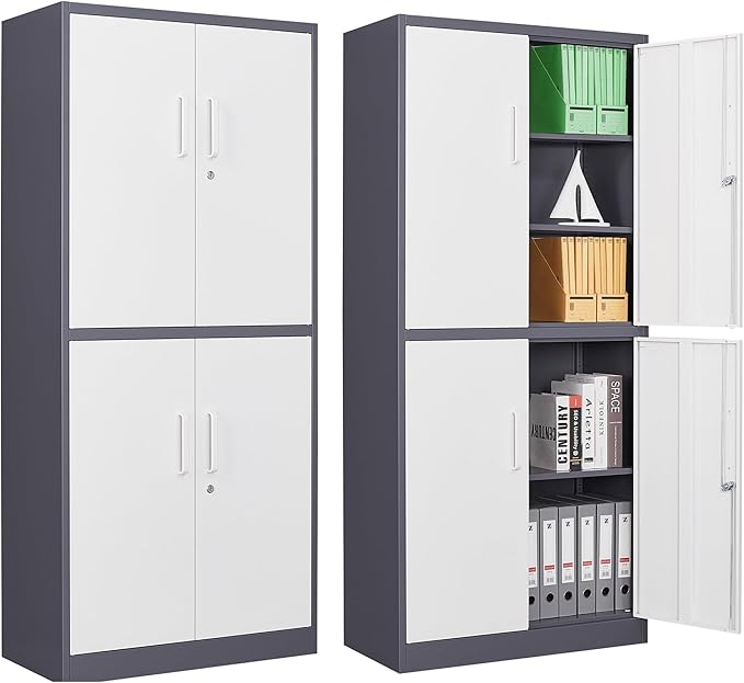 Letaya Metal Storage Cabinet with Lock Door, Adjustable Shelf Steel Cabinets for Office, Home,Pantry,Kitchen,Garage Utility Cabinet (4 Door-White&Gray)