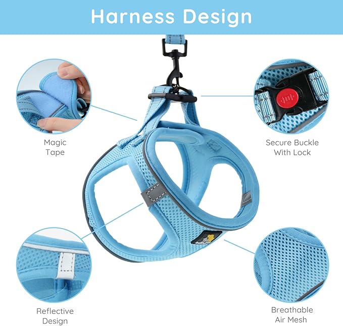 BELLA & PAL Step in Vest Harness for Small and Medium Dogs, No Pull Small Dog Harness with Leash Set, Comfortable Air Mesh Dog Vest Harness with Reflective Strip (Sky Blue, M)