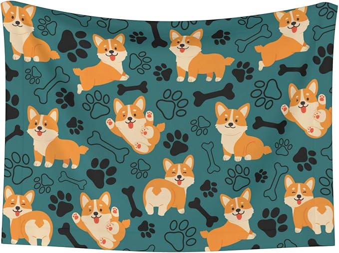 Corgi Throw Blanket - Paw Print Blanket for Dog Cat Blue Pet Blankets 23x16 for Couch Sofa Bed