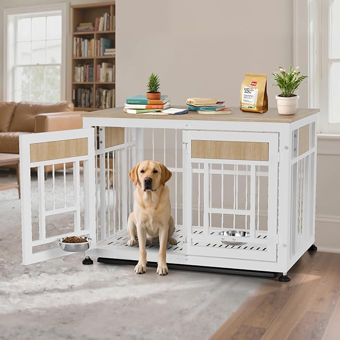 Heavy Duty Dog Crate Furniture for Large Dogs, Decorative Pet House End Table with 2 Feeder Bowls, 42.9 Inch Large Wooden Cage Kennel Furniture Indoor for Medium Dog with Bottom Tray