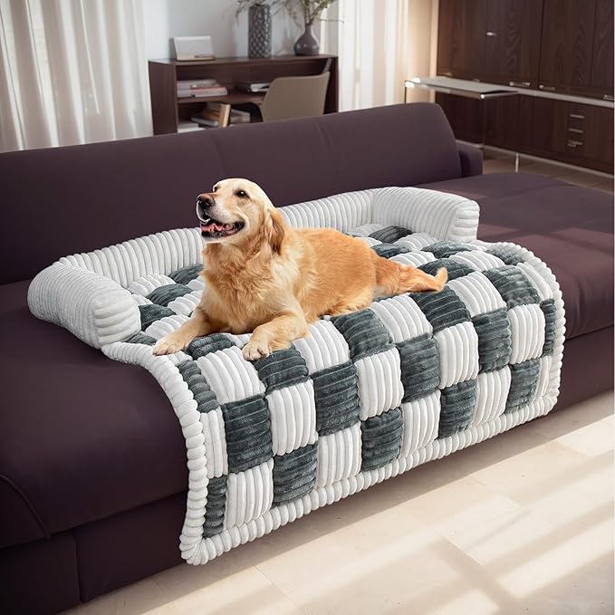 LiveGo Fuzzy Pet Couch Covers for Sofa, Dog Couch Cover Fuzzy Sofa Cover Cream Square Plaid Dog Bed Plush Dog Mat for Furniture Protector for Large Medium Dogs and Cats