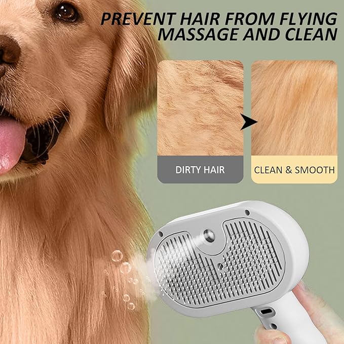 Fur Shower Brush for Dogs, 3 In 1 Self Cleaning Steamy Pet Brush, Pets Spray Hair Removal Comb - Anti-Static, Dog Grooming Tool With Steam | Skin-Friendly Design (White)