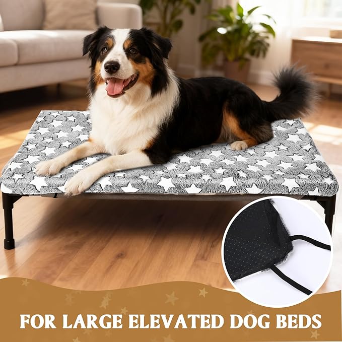 Large Self Warming Dog Bed Pad for Elevated Dog Bed Replacement Self Heating Warm Raised Cot Pad Mat with Corner Strap Removable Washable Soft Plush Cover Non-Slip Bottom Star(51 x 32 Inches)