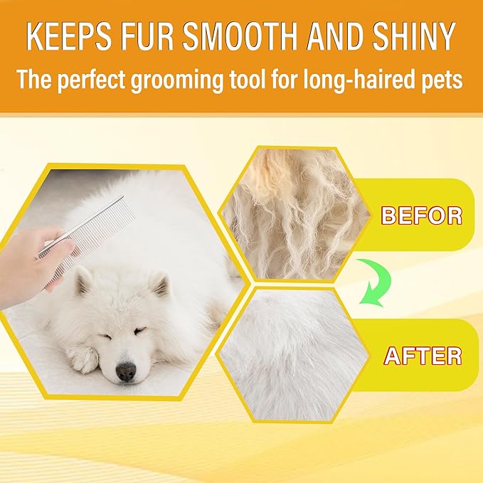 Dog Comb and Cat Combs Stainless Steel Teeth, Grooming Tool for Long & Short Hair, Dematting Comb for Dogs, Removes Tangles & Knots (Small and Large Silver)