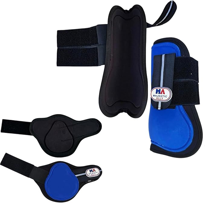 Majestic Ally Horse Leg Protection Fetlock and Tendon Boots Set, PU Shell, Neoprene Lining, Hook and Loop Closures, Multiple Colors and Sizes