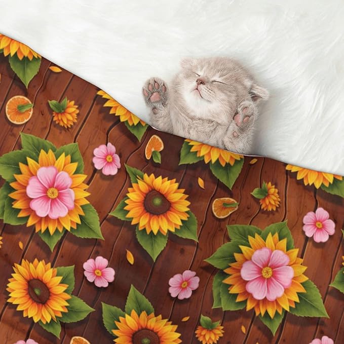 Two Sided Plush Pet Blanket for Warmth Comfort, Western Wood Rustic Sunflowers, Reversible Throw with Cozy Nubby Side for Chilly Nights Napping Spots Around House