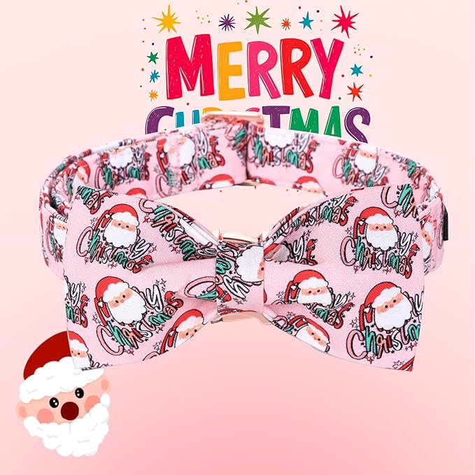 Christmas Dog Collar, Pink Christmas Santa Claus Dog Collar Bow Tie Pet Collars with Bow Adjustable Pet Collars with Premium Metal Buckle Dogs Necklace for Large Girl Dogs
