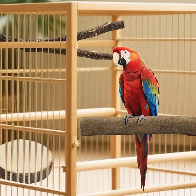 8PCS Bird Perch Natural Wooden Parrot Parakeet Toy Stand Branches Bird Cage Accessories Fork Toys Hanging Multi-Branch Perches Platform Hammock Swing Toy for Parakeets Cockatiel Conure