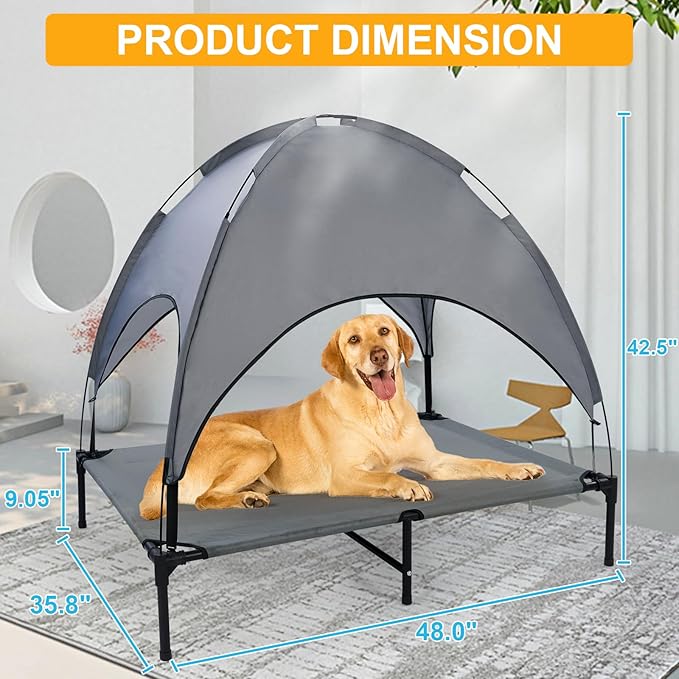 42'' Outdoor Elevated Dog Bed with Canopy, Raised Dogs Bed with Six Support Feet,Breathable Cooling Dog Cot Beds Medium Large Size Dogs,Outdoor Pet Hammock Beds,Outside Pet Beds with 4 Ice Pack(Large)