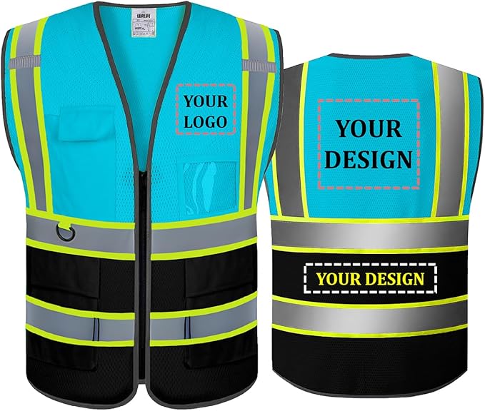 BeautyWill Custom Safety Vest Customized Logo Mesh Vest Class2 High Visibility Reflective Vest with Pockets Workwear（LightBlue Black，S ）
