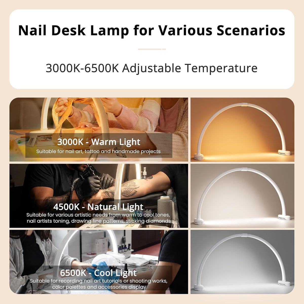 Yokilly Half Moon Light for Nail Desk: 23" Detachable Nail Light for Desk