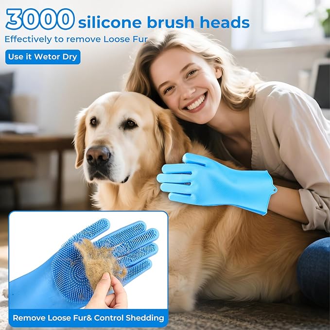 2PCS Dog Washing Gloves and Dog Bath Brush, high-Density Teeth Design pet Grooming Gloves, 2-in-1 Pet Grooming kit ，Suitable for Dogs and Cats to bathe, depilate, and Massage