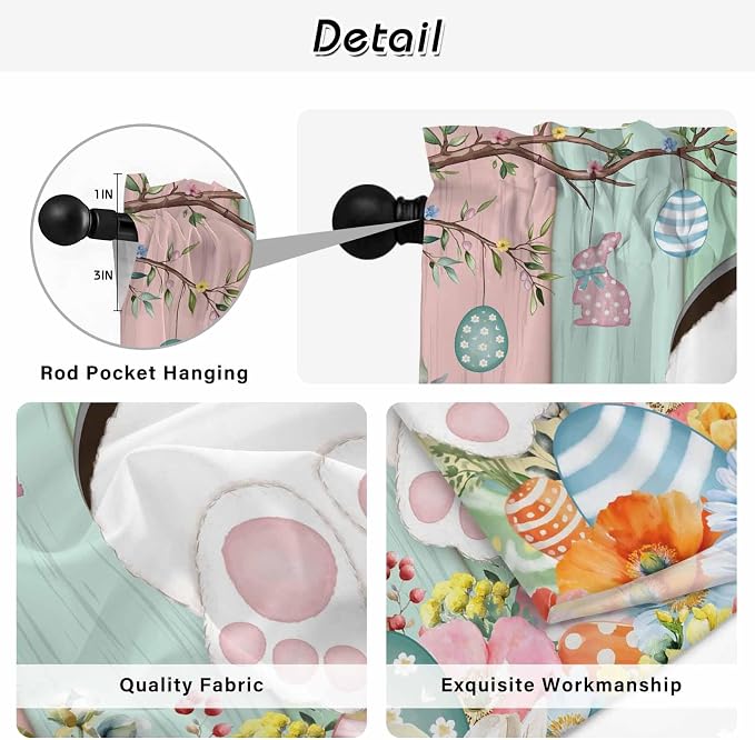 Easter Kitchen Tier Curtains 45 Inch Long 2 Panel Set, Rod Pocket Short Window