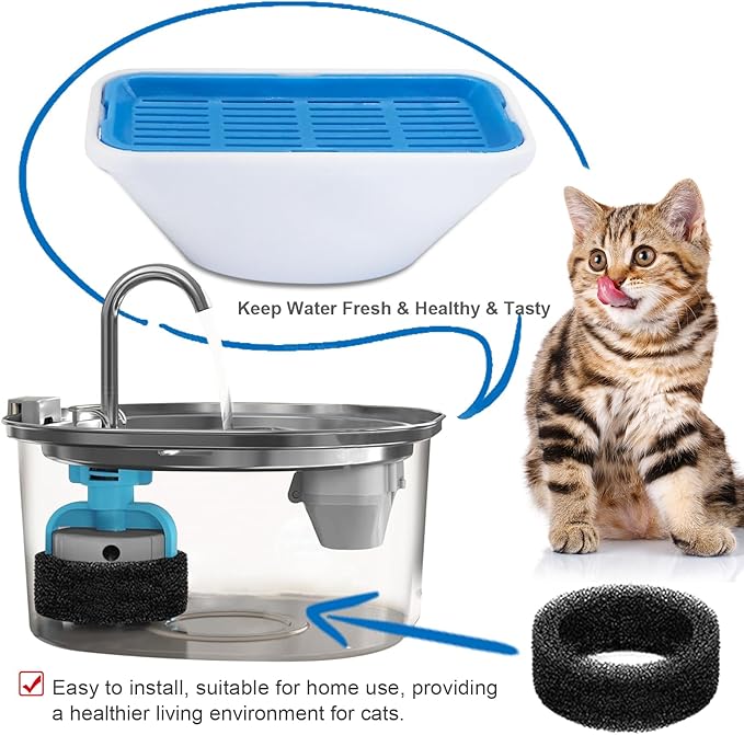 Replacement Filters for 3.2L/2.5L Cat Water Fountain, 10-Pack Filters and10 Pre-Filter Sponges, Multi-Layer Filtration System for Pet Fountain, Removes Impurities and Odors