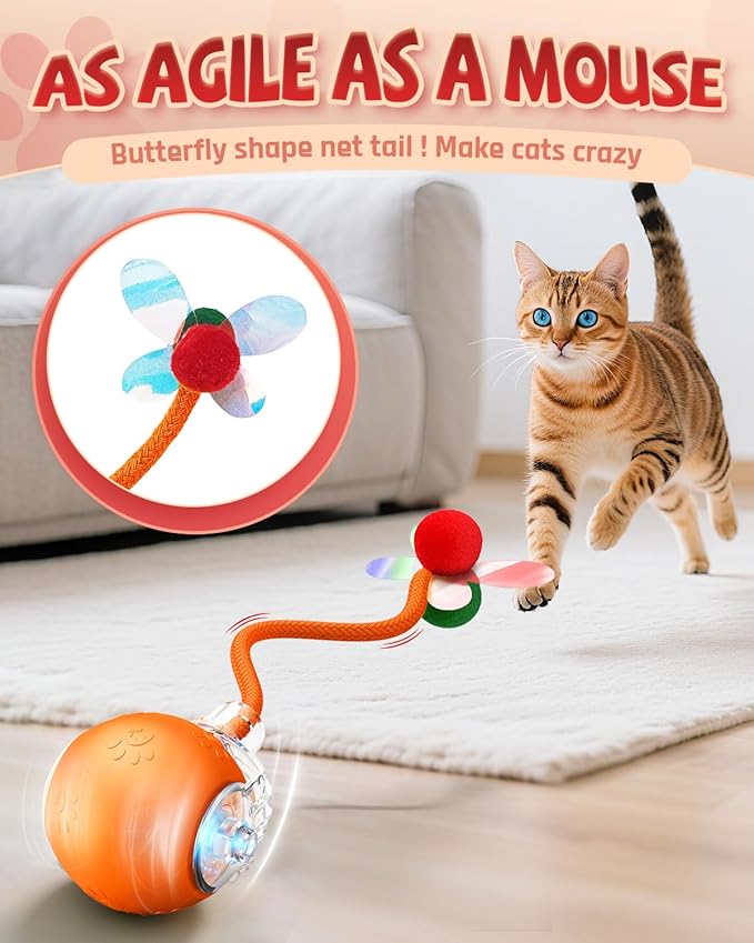 Interactive Cat Toys for Indoor Cats, 2025 Upgraded 360° Anti-chew Safe Material Moving Cat Ball with Tail, Interactive Cat Toys for Bored Indoor Adult Cats to Keep Them Busy (Orange, 2.2in)