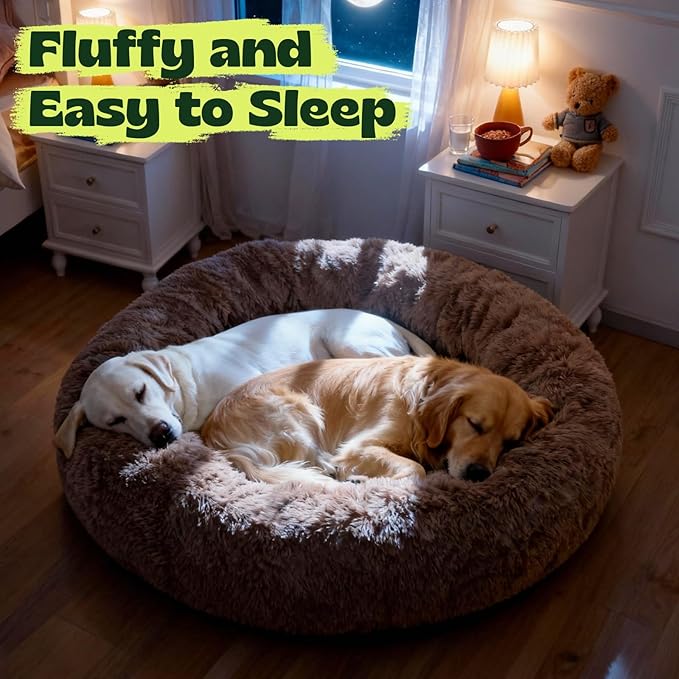 Orthopedic Dog Bed for Large Dogs Waterproof Donut Calming Memory Foam with Cooling Gel Removable Cover Anti Anxiety Pet Bed Machine Washable,Extra Comfort Plush Round Cushion 36 Inch,Camel