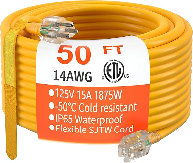 HUANCHAIN 50 ft 14/3 Gauge Heavy Duty Outdoor Extension Cord Waterproof with Lighted, Flexible Cold Weather 3 Prong Electric Cord Outside, 15A 1875W 125V 14AWG SJTW, Yellow, ETL Listed