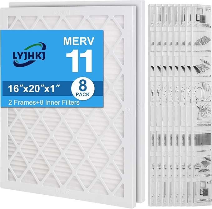 16x20x1 MERV 11 Air Filter, Quality AC/HVAC Furnace Filter，2 Reusable ABS Frame