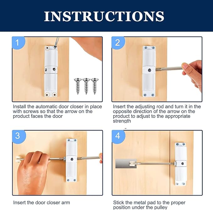 Automatic Door Closer, Zinc Alloy Safety Spring Door Closer Adjustable 30 kg Closing Door Hinge (White)