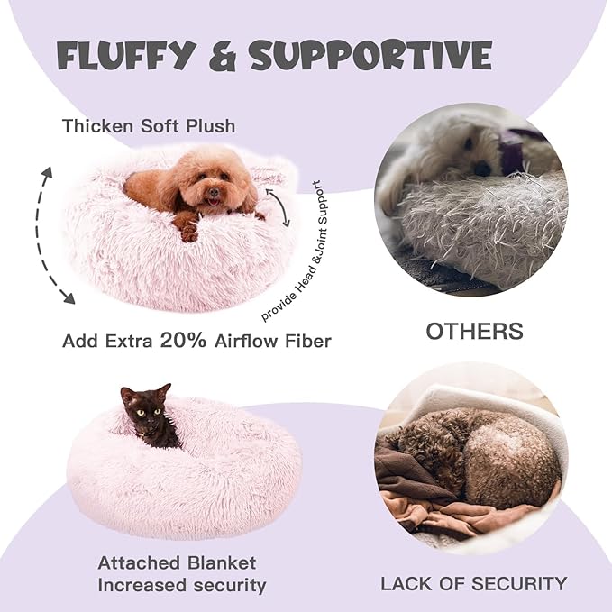 Himax Calming Anti-Anxiety Dog Bed for Medium Dogs With Attached Blanket - Pink, Fluffy, Washable (20"/26"/35")