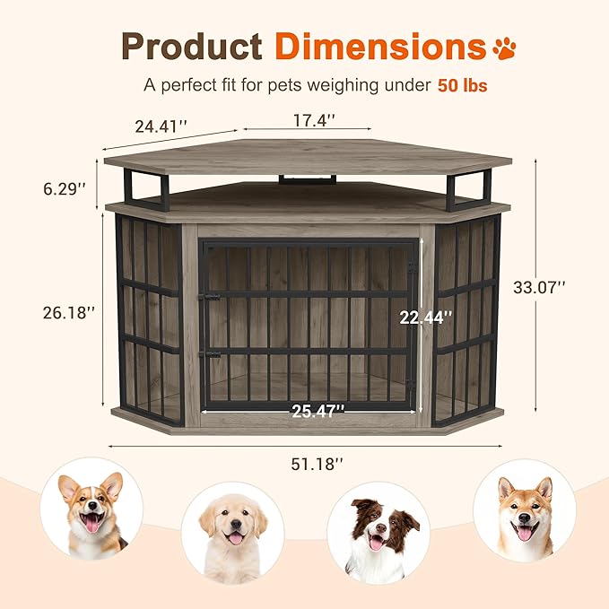 Corner Dog Crate Furniture with 2-Tier Shelves，51" Large Dog Kennel Indoor Wooden TV Stand, Modern Dog Cage Decorative Pet House