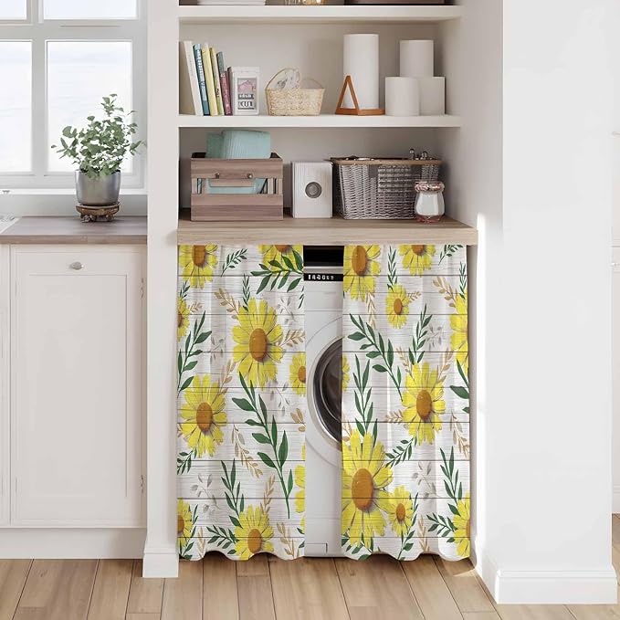 Yellow Daisy Tier Curtains, Farmhouse Country Flower Leaf Plant Wood Grain